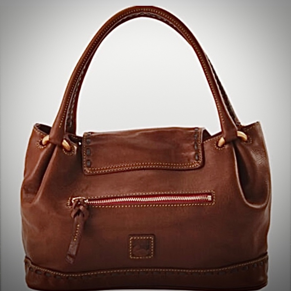 New Dooney & Bourke Satchel Vacchetta Flap Braided Florentine Leather Chestnut - Picture 3 of 8